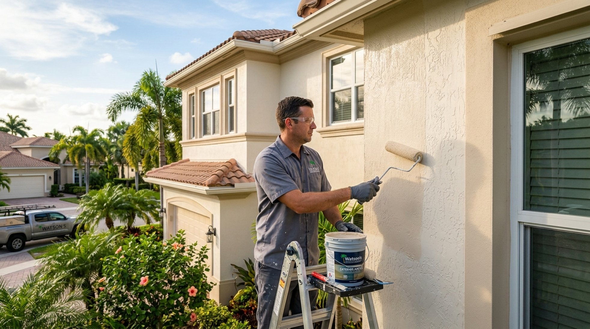 Painter on ladder applying exterior paint to a residential stucco home in San Diego